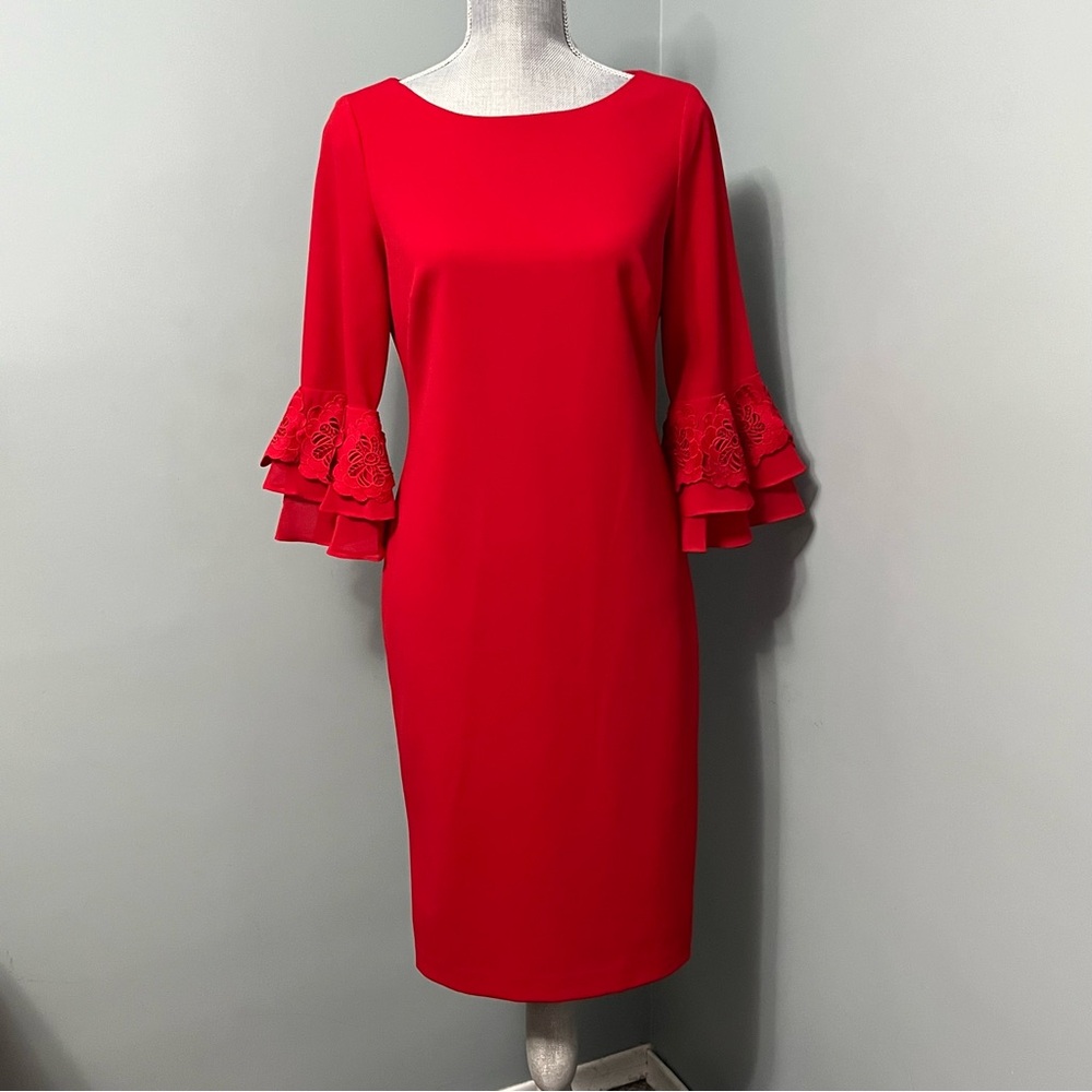 CALVIN KLEIN RED dress with 3/4 Bell sleeves women’s size 8 wedding guest